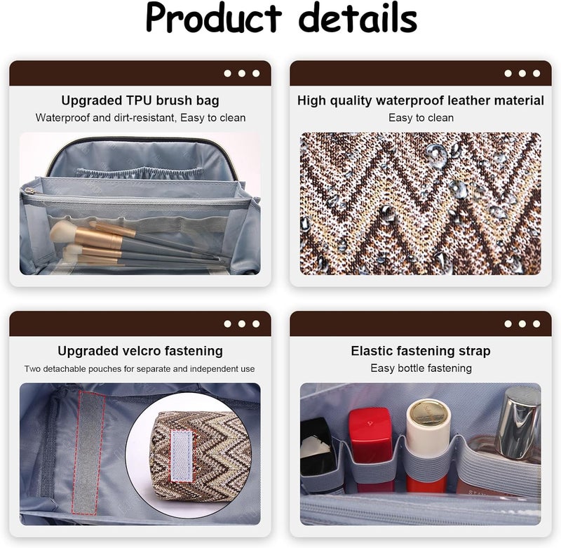 BOYATU Travel Makeup Bag for Women: Western Boho Make up Bag Set of 3 - Large Capacity Vegan Leather Cosmetic Bag - Waterproof Toiletry Bag with Compartments & Handle & Divider(J-2-Brown) - Image 4